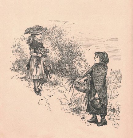 Photo for Black and white antique illustration shows two little girls in nature. Vintage drawing shows two young girls outside. Old picture from fairy tale book. Storybook illustration published 1910. A fairy tale, fairytale, wonder tale, magic tale, fairy sto - Royalty Free Image