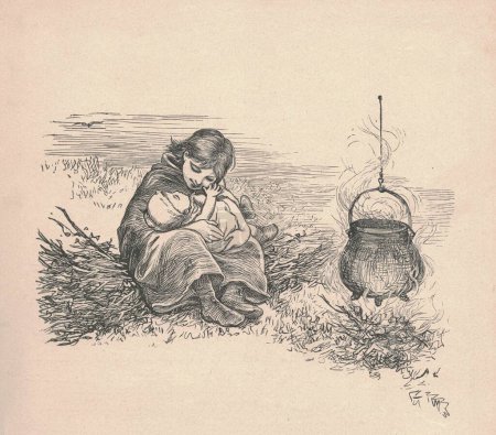 Photo for Black and white antique illustration shows a female tramp and her little baby. Vintage drawing shows the female tramp and her small baby. Old picture from fairy tale book. Storybook illustration published 1910. A fairy tale, fairytale, wonder tale, m - Royalty Free Image