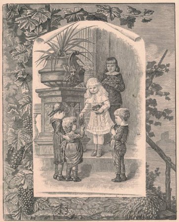 Photo for Black and white antique illustration shows a beautiful girl gives the grapes a little girl. Vintage drawing shows the group of children hold the grapes. Old picture from fairy tale book. Storybook illustration published 1910. A fairy tale, fairytale, - Royalty Free Image