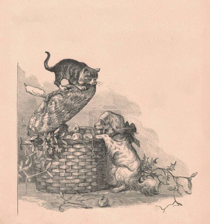 Photo for Black and white antique illustration shows a cute puppy and kitten play with apples. Vintage drawing shows the a cute puppy and kitten play with apples. Old picture from fairy tale book. Storybook illustration published 1910. A fairy tale, fairytale, - Royalty Free Image
