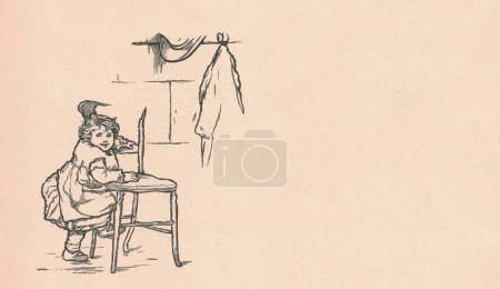 Photo for Black and white antique illustration shows a small girl climbs up on a chair. Vintage drawing shows the little girl climbs up on the chair. Old picture from fairy tale book. Storybook illustration published 1910. - Royalty Free Image