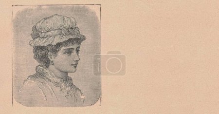 Photo for Black and white antique illustration shows a portrait of a young lady. Vintage drawing shows the portrait of the beautiful young woman. Old picture from fairy tale book. Storybook illustration published 1910. - Royalty Free Image
