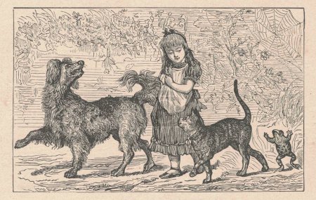 Photo for Black and white antique illustration shows a girl goes for a walk with a dog, cat and frog. Vintage drawing shows the girl goes for a walk with animals. Old picture from fairy tale book. Storybook illustration published 1910. A fairy tale, fairytale, - Royalty Free Image
