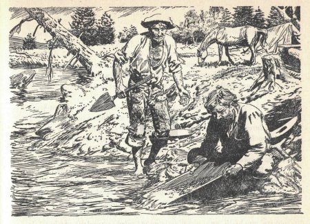Men pan for gold in the river. Gold Diggers and the Gold Rush. Old black and white illustration. Vintage drawing. Illustration by Zdenek Burian. Zdenek Michael Frantisek Burian 11 February 1905 in