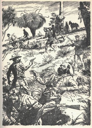 A shootout between the police and a gang of convicts. Old black and white illustration. Vintage drawing. Illustration by Zdenek Burian. Zdenek Michael Frantisek Burian 11 February 1905 in Koprivnice