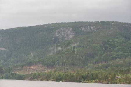Paisaje montañoso noruego con árboles verdes y una casa de madera roja en la orilla de un lago.