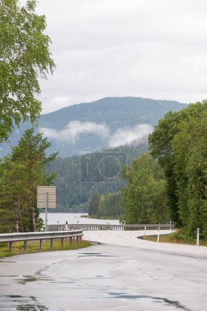 Téléchargez les photos : Asphalt mountain road with yellow lane dividing lines in a Norwegian mountain canyon with a view of a huge fjord mountain with green conifers growing on it. - en image libre de droit