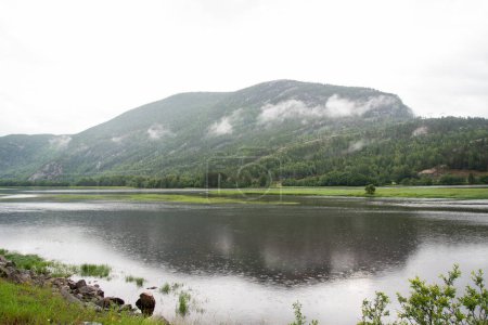 Schöne Landschaft mit norwegischen Bergen mit grünen Nadelbäumen an einem herbstlichen Regentag. Regentropfen fallen im Gebirgsfluss.
