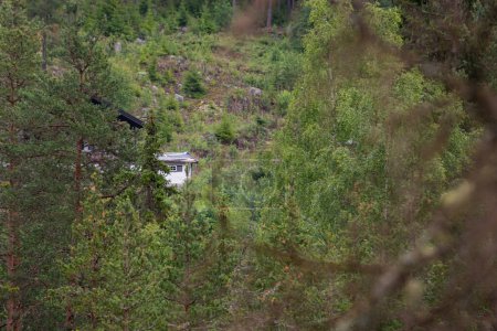 weißes hölzernes Wohnhaus im skandinavischen Stil auf einem norwegischen Berg in einem Wald grüner Bäume.