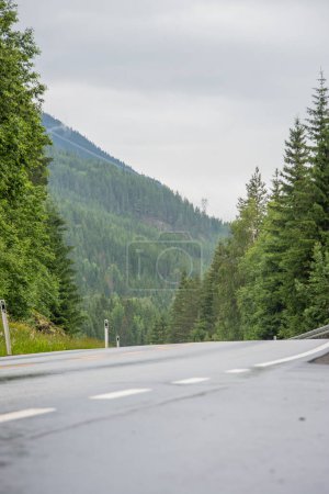 Vue basse de la route goudronnée norvégienne. Au loin, une montagne avec des conifères verts sous un ciel bleu par un jour nuageux d'été pluvieux.