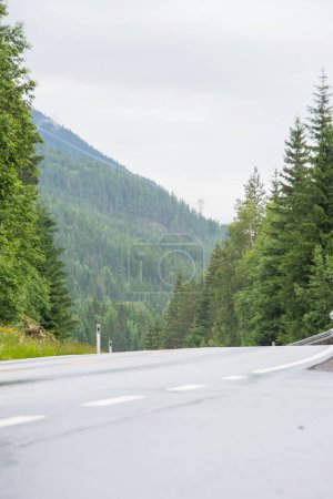 Vue basse de la route goudronnée norvégienne. Au loin, une montagne avec des conifères verts sous un ciel bleu par un jour nuageux d'été pluvieux.