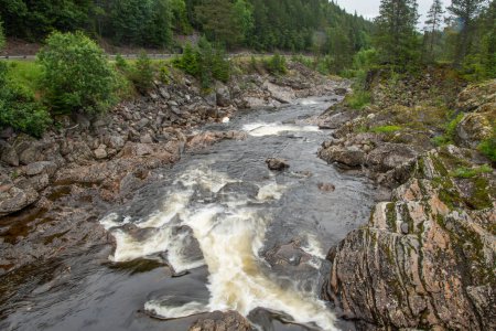Schöne Landschaft mit norwegischem felsigem Gebirgsfluss neben Autobahn mit Stromschnellen, wo Wasser weißen Schaum bildet. Wasserfall im Fluss. Grüne Nadelbäume am Ufer des Flusses. Regennasser Sommertag.