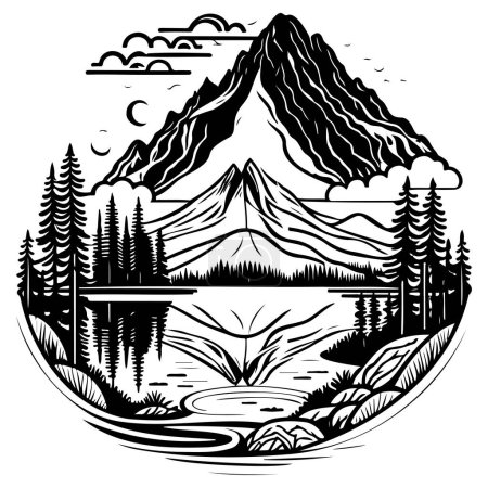 Art Nouveau doodle sketch Mountain lake illustration draw element black