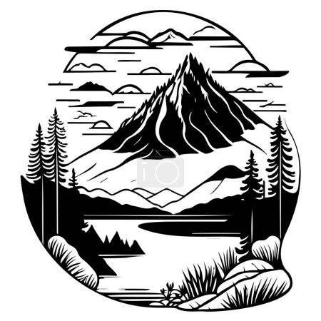 Art Nouveau doodle Mountain lake illustration draw element black