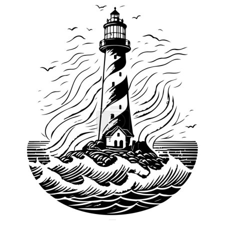 Illustration for Lighthouse in the middle of the sea illustration draw element - Royalty Free Image