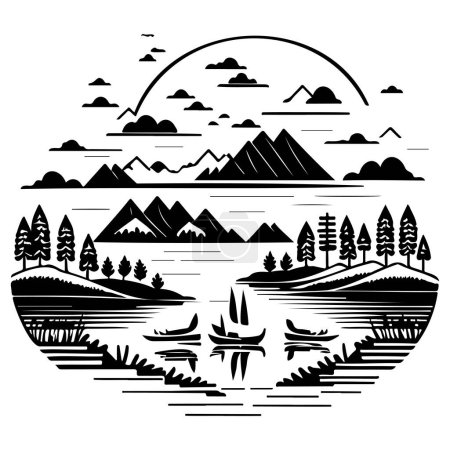 Village rivière illustration graphique esquisse dessin à la main élément