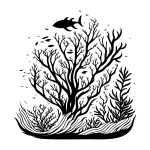 underwater world sunken vessel and seaweeds grow at rock illustration sketch hand draw element