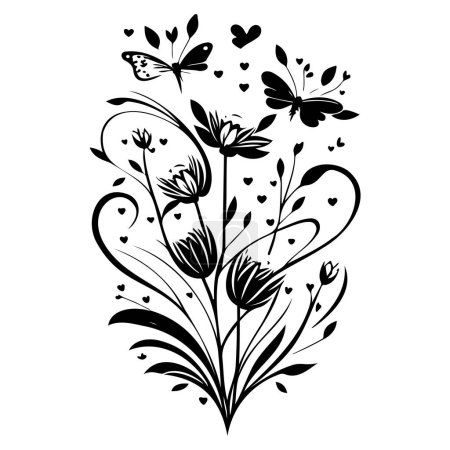 Illustration for Love heart flower butterfly valentine illustration draw element - Royalty Free Image