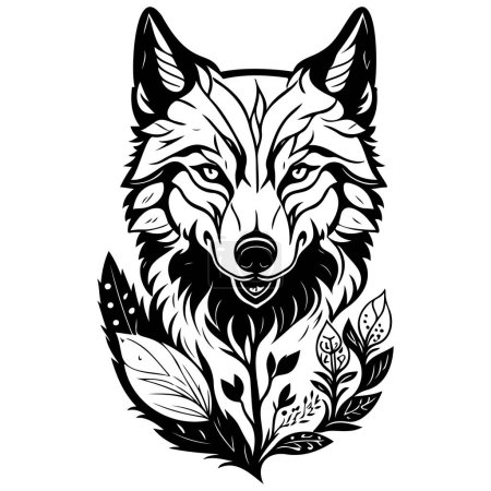 wolf brave with floral spring illustration sketch hand draw element