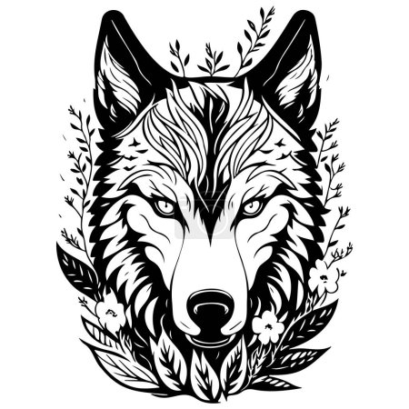 wolf brave with floral spring illustration sketch hand draw element
