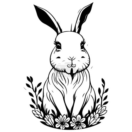 Illustration for Rabbit brave with floral spring illustration sketch hand draw element - Royalty Free Image