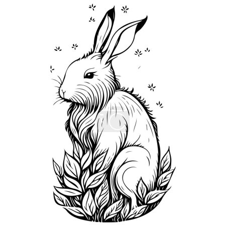 Ilustración de Conejo valiente con flor primavera ilustración bosquejo mano dibujar elemento - Imagen libre de derechos