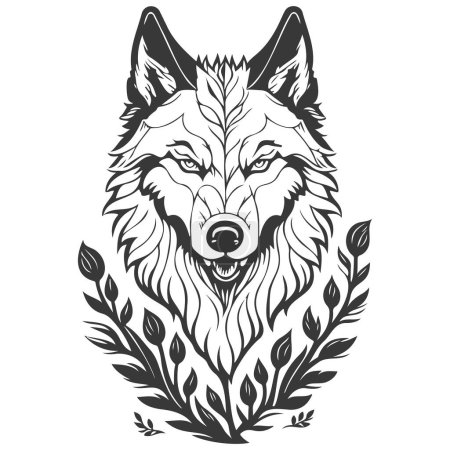 Wolf tapfer mit floralem Frühling Illustration Skizze grau