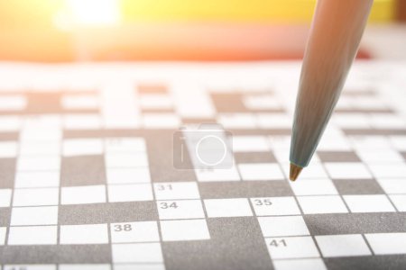 Ballpoint pen on background crossword puzzle sheet in the contoured sunlight