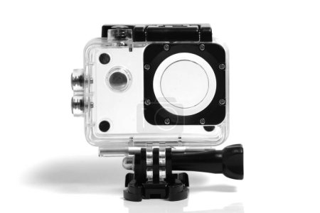 Waterproof case for an action camera. On a white background