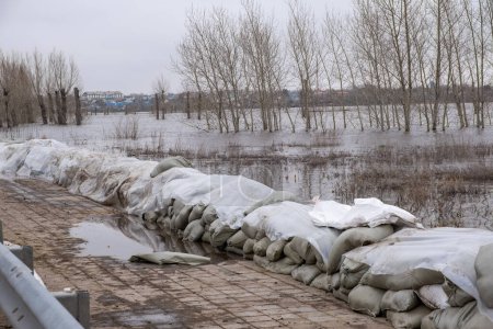 Stacks of sandbags are laid out on the sidewalk to protect against flooding