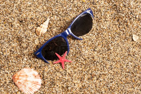 Sommerhintergrund mit Sonnenbrille, Muscheln und Seesternen auf Sand