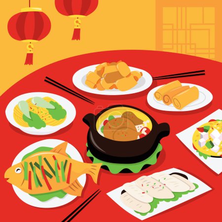 Téléchargez les illustrations : A cartoon vector illustration of lunar new year banquet feast on a red table. - en licence libre de droit