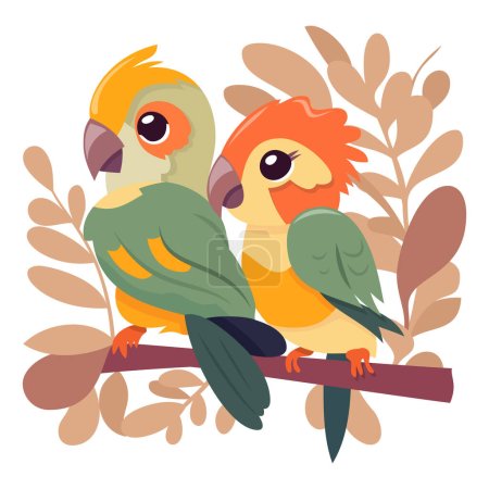 Illustration for A cartoon vector illustration of two cute parrots perching on a tree branch. - Royalty Free Image