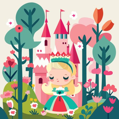 Téléchargez les illustrations : Illustration vectorielle de dessin animé d'une princesse et d'un château rose dans un pays de contes de fées - en licence libre de droit