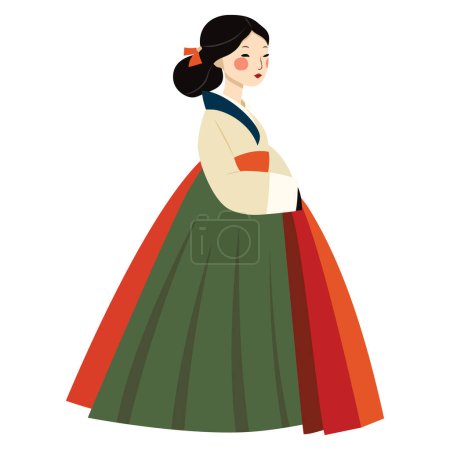 Illustration for A cartoon vector illustration of korean girl in traditional hanbok dress. - Royalty Free Image