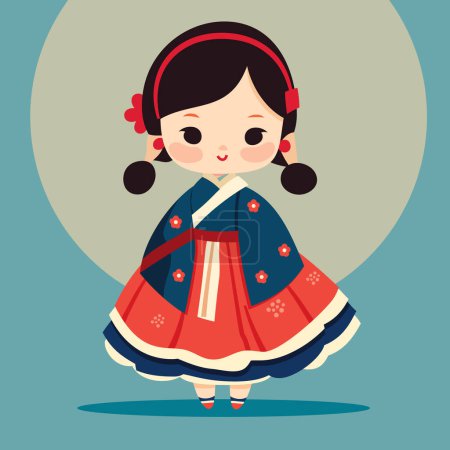 Téléchargez les illustrations : Une illustration vectorielle de dessin animé d'une jolie petite fille en robe coréenne traditionnelle - en licence libre de droit