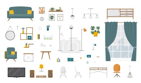 Ilustración de Sala de estar vector conjunto de ilustración. Diseño de artículos de moda para el hogar o la oficina en estilo plano - Imagen libre de derechos