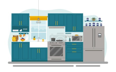 Téléchargez les illustrations : Intérieur de la cuisine dans une maison moderne et confortable. Illustration vectorielle concept en style plat - en licence libre de droit