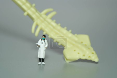 Foto de Miniature people toy figure photography. A female doctor standing above spine back bone on grey background. Image photo - Imagen libre de derechos