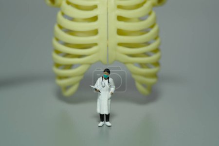 Foto de Miniature people toy figure photography. A female doctor with rib chest bone on grey background. Image photo - Imagen libre de derechos
