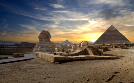 Beautiful Sunset at Great Pyramids and Sphinx in Giza, Cairo, Egypt 