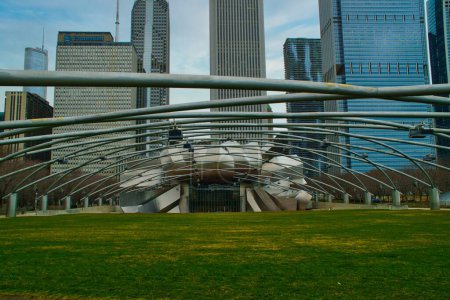 Photo for Chicago,IL: April 1,2023-Panoramic view of Jay Pritzker Pavilion in Millennium park in Chicago,IL - Royalty Free Image