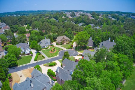 Aerial panoramic view of house cluster in a sub division in Suburbs with golf course and lake in metro Atlanta in Georgia ,USA