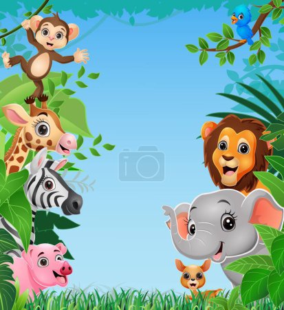 Vector Illustration of Cute wild animals cartoon in the jungle