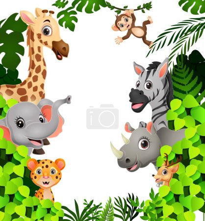 Téléchargez les illustrations : Illustration vectorielle de dessins animés d'animaux sauvages mignons dans la jungle - en licence libre de droit