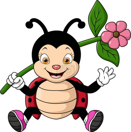 Vector illustration of Cute ladybug cartoon holding flower