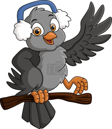 Illustration for Vector illustration of Cute bird cartoon wearing headphone on tree branch - Royalty Free Image