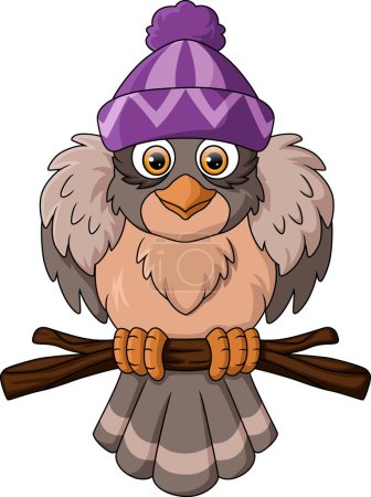 Illustration for Vector illustration of Cute bird cartoon wearing hat on tree branch - Royalty Free Image