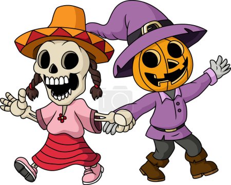 Téléchargez les illustrations : Illustration vectorielle de Mignon Halloween citrouille et squelette dessin animé - en licence libre de droit