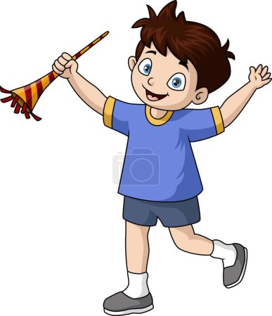 Téléchargez les illustrations : Illustration vectorielle de Mignon petit garçon dessin animé célébrant avec trompette - en licence libre de droit